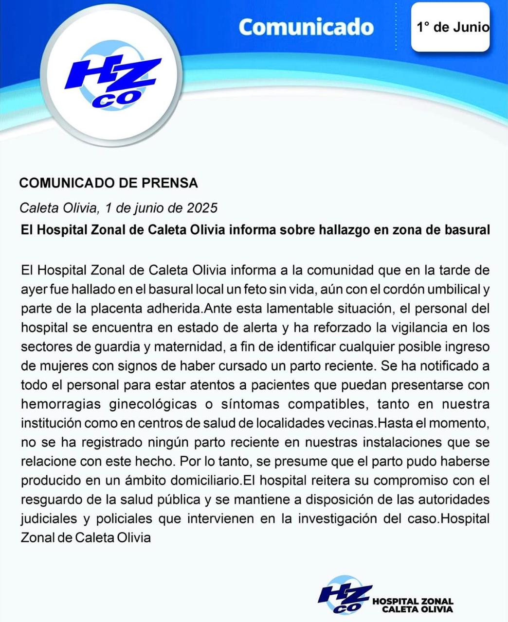 El Hospital Zonal de Caleta Olivia emitió un comunicado oficial tras el hallazgo de un feto en el basural local