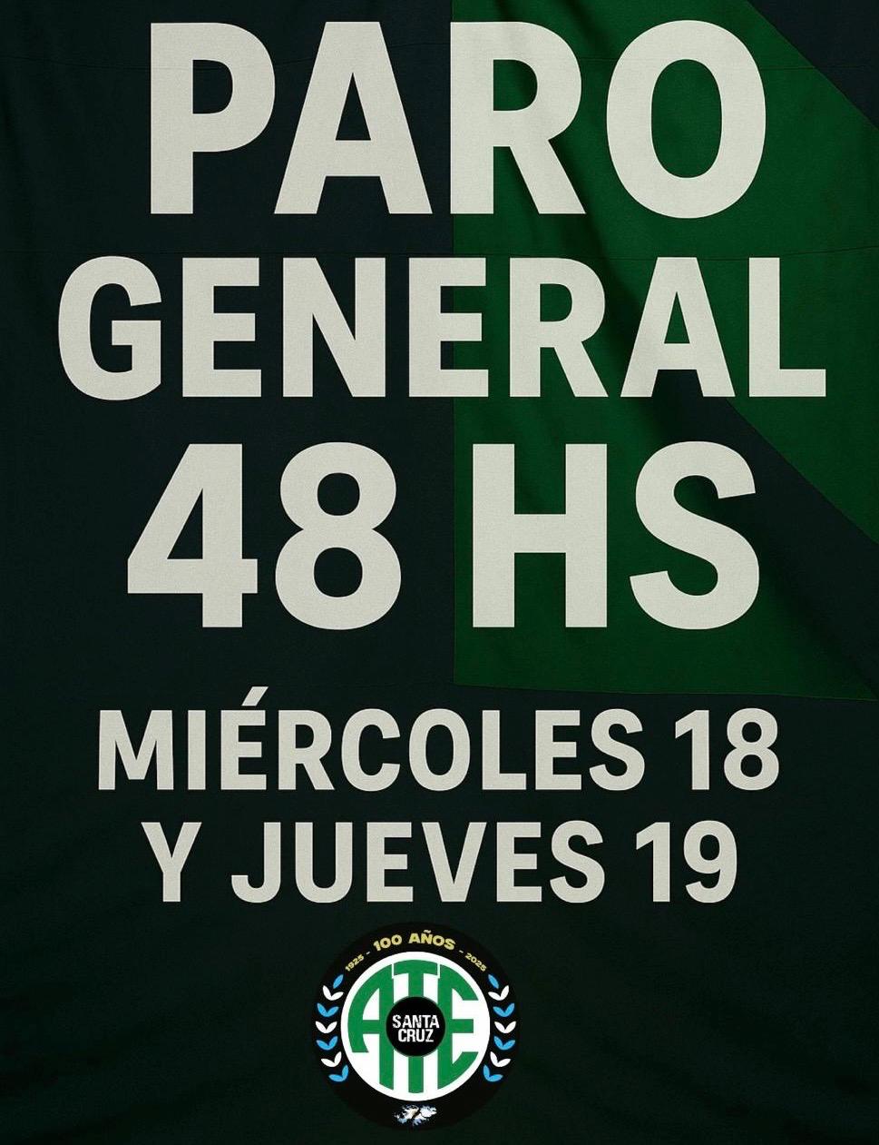 ATE Santa Cruz lanza un paro general de 48 horas y denuncia ajuste salarial del gobierno