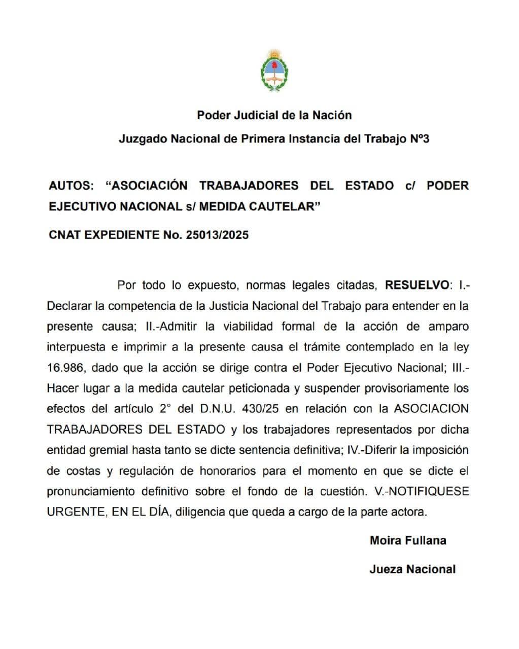Fallo judicial frena de manera parcial el DNU 430/25 tras una presentación de ATE
